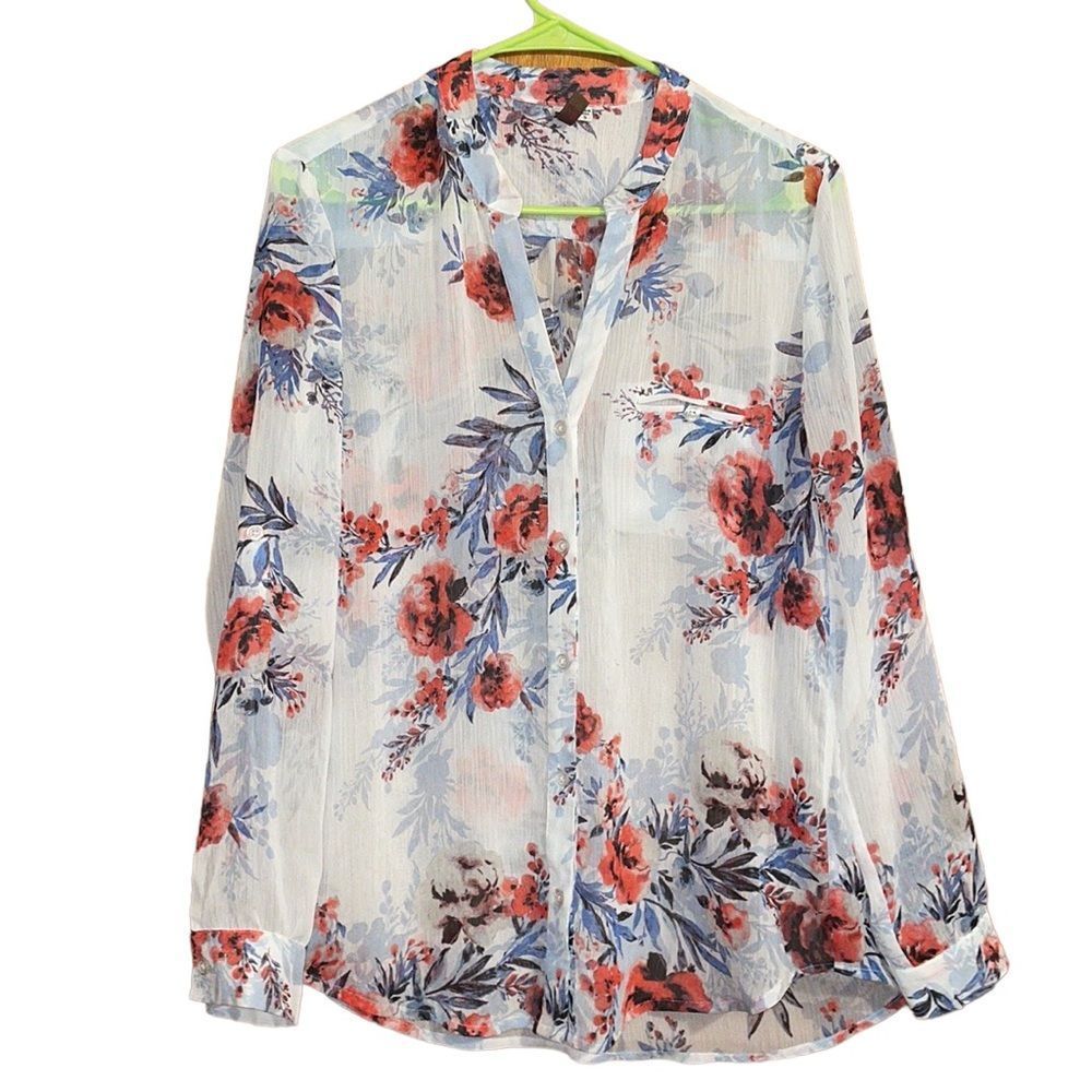 •KUT FROM THE KLOTH•WHITE SHEER FLORAL BUTTON UP CONVERTIBLE SLEEVE BLOUSE MED. - Picture 1 of 10